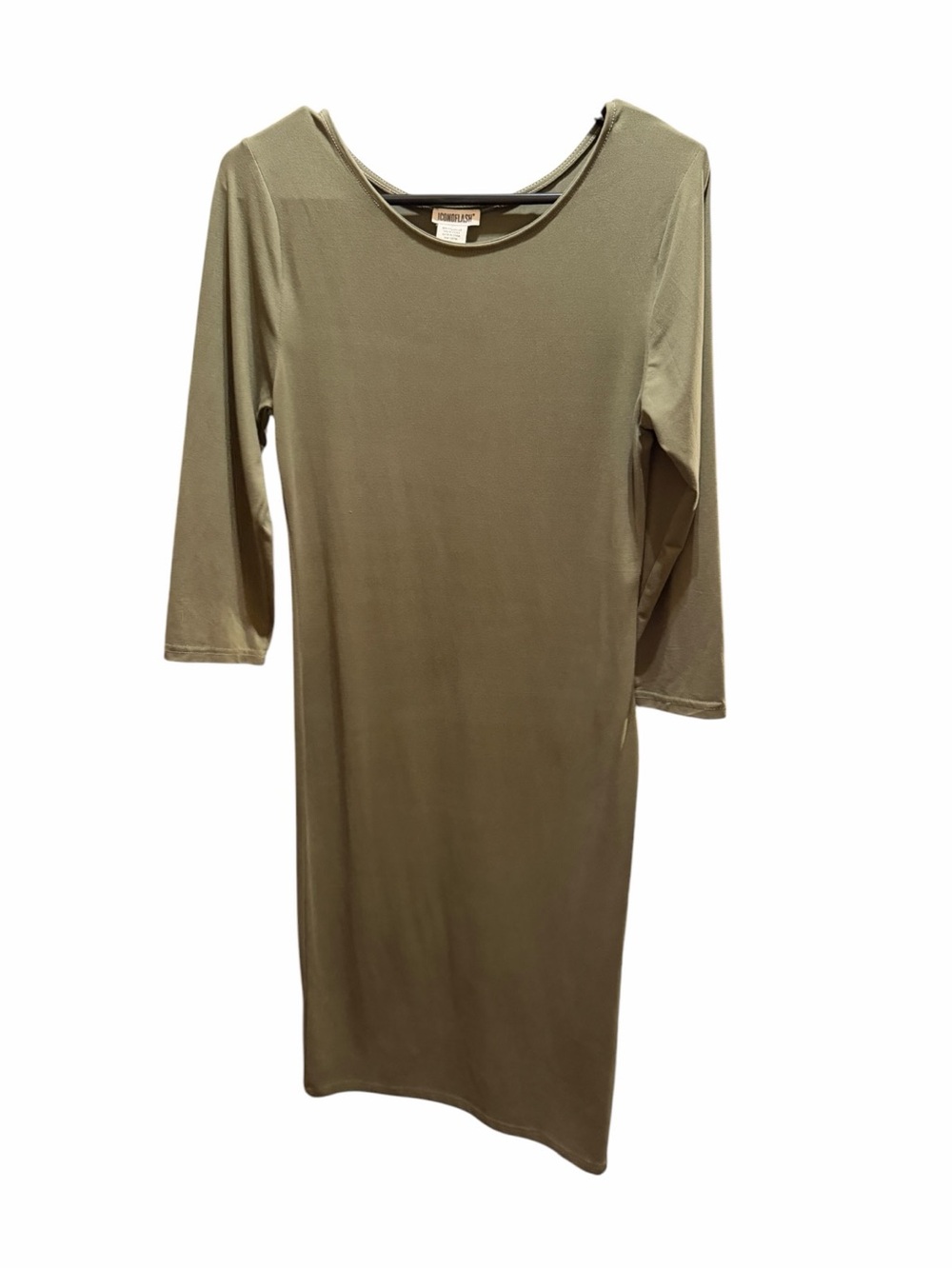 Iconoflash Scoop Neck Olive Midi Dress with Three-Quarter Sleeves
